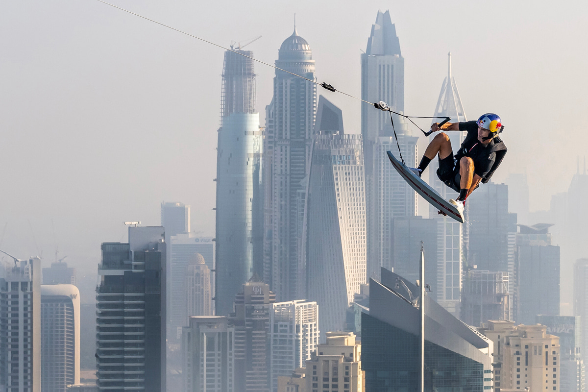 Brian Grubb: enjoying the drone-assisted WakeBASE jump from the highest invisible edge pool in the world | Photo: Red Bull