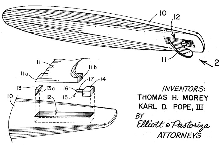 Surfboard fins: the patent filed by Tom Morey and Karl Pope in 1961