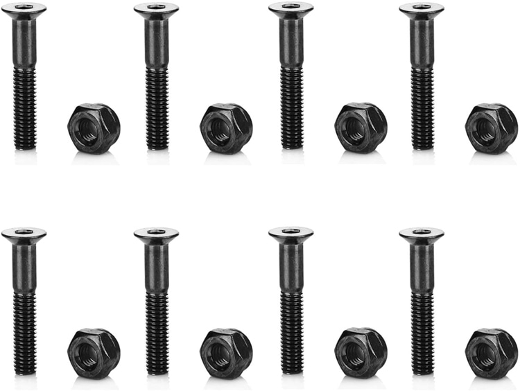 Bolts: a skateboard has a total of eight bolts holding the trucks onto the board